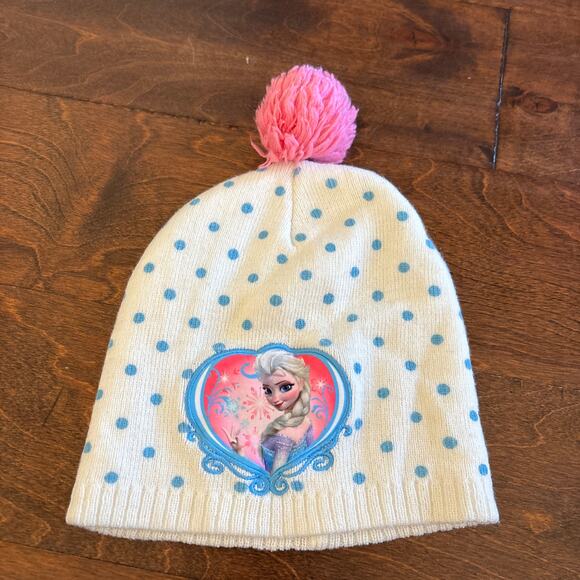 Disney Frozen Girls One Size Beanie Hat White Blue Pink Pom Winter - Picture 1 of 6
